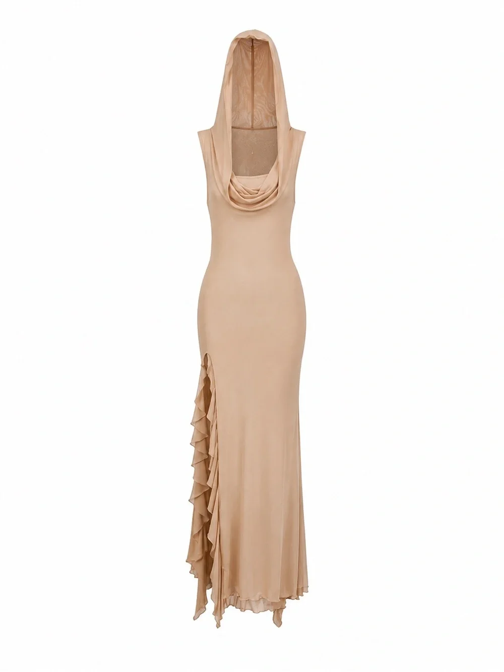 CYBERBUNNY Taupe Hooded Mesh Maxi Dress | Size M | Ruffle Slit